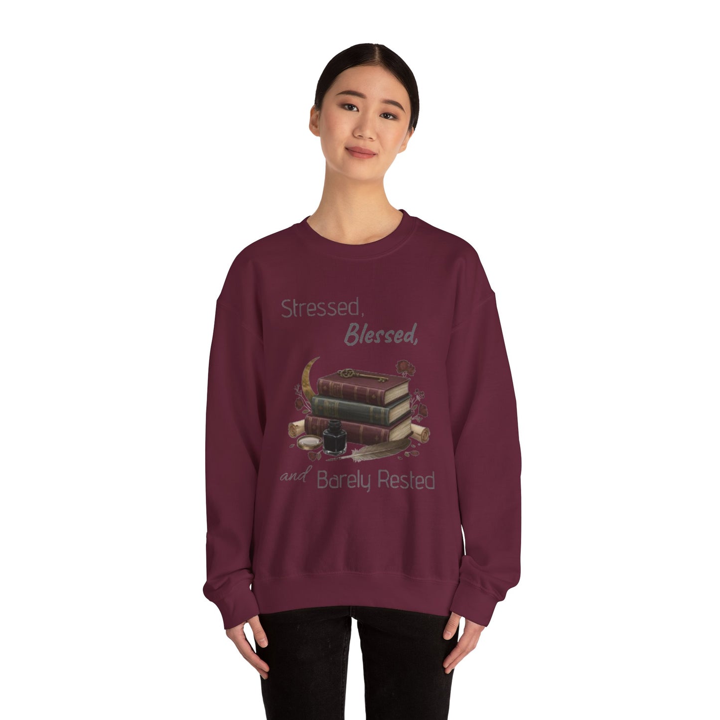 Stressed, Blessed, and Barely Rested Unisex Crewneck Sweatshirt