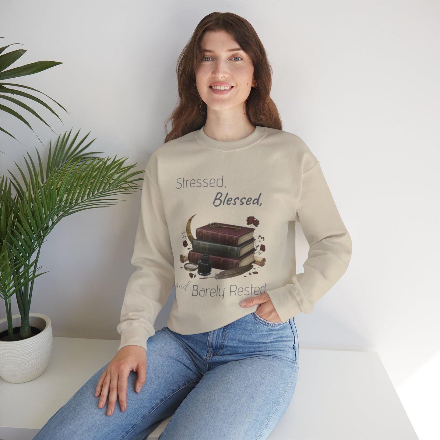 Stressed, Blessed, and Barely Rested Unisex Crewneck Sweatshirt